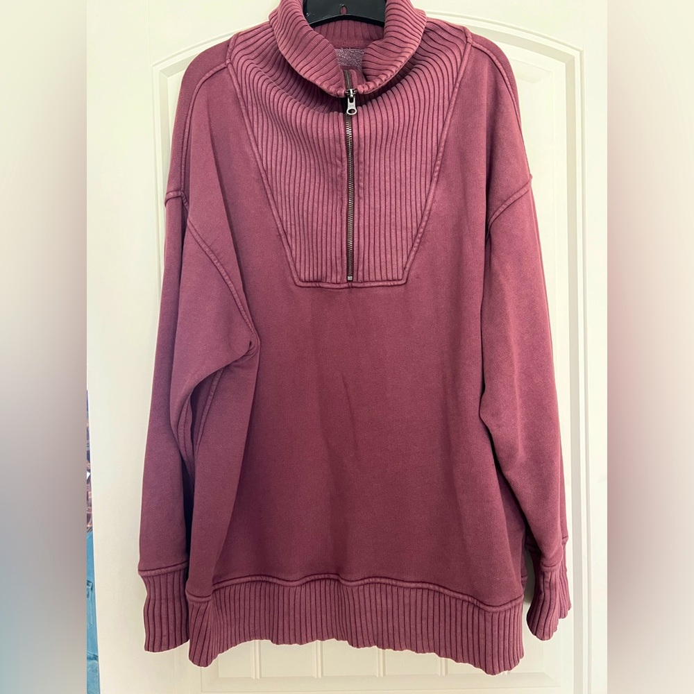 Aerie Sweatshirt Medium Wine Oversized Quarter Zip Ribbed Trim Cozy Cotton
